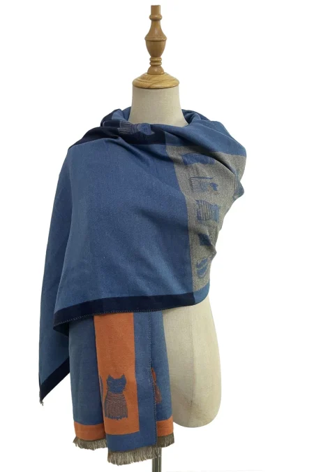 Cat block colour thick winter scarf – Blue/Orange (7244) - Image 2