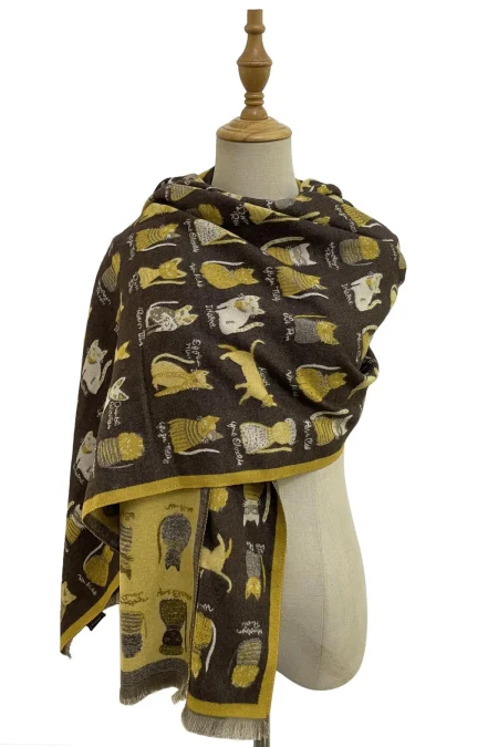 Cat Medley - thick winter scarf – brown/mustard (7246) - Image 2