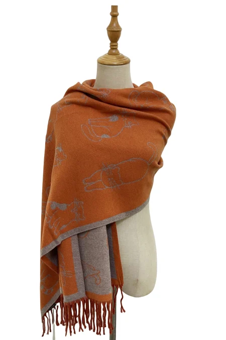 Cat Silhouette- thick winter scarf – Light Grey/Orange (7323) - Image 3