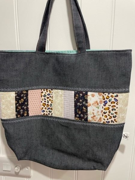 Leopard print - Denim Panel detail bag -  tote bag (short carry handle)