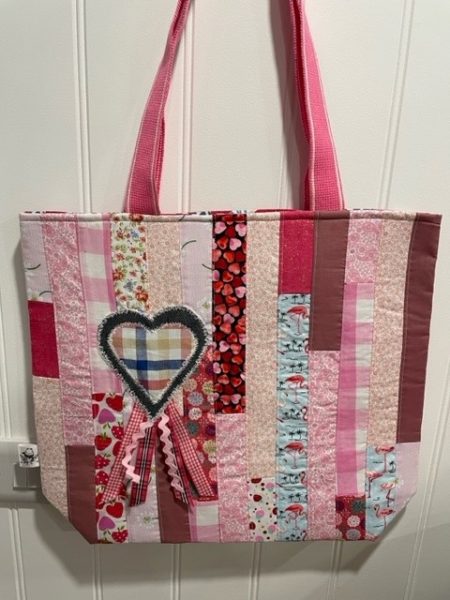 Pink Patchwork Stripes with Heart design - shoulder tote bag