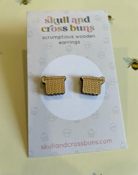 Knitting - Laser cut wooden stud earrings - Skull & Cross Buns