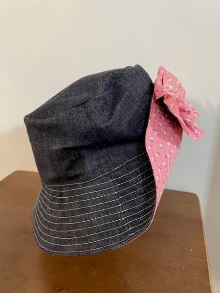 Ditsy Pink Flower & Denim reversible bucket hat with detachable brooch - LGF - Image 2