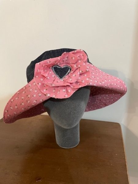 Ditsy Pink Flower & Denim reversible bucket hat with detachable brooch - LGF