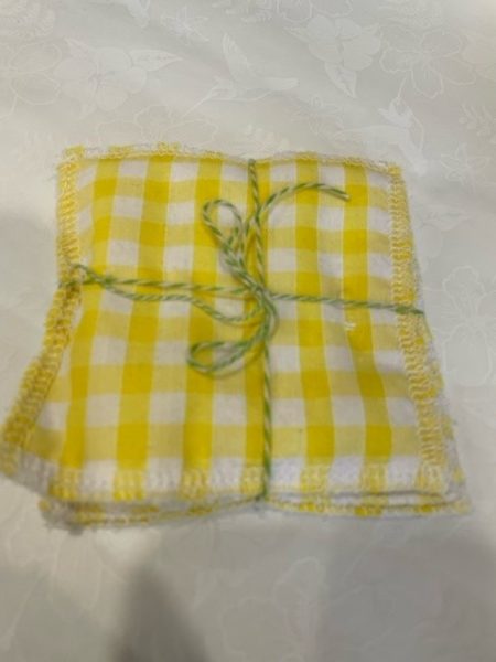 Yellow Gingham Check design - washable, re-usable bamboo face wipes x 4