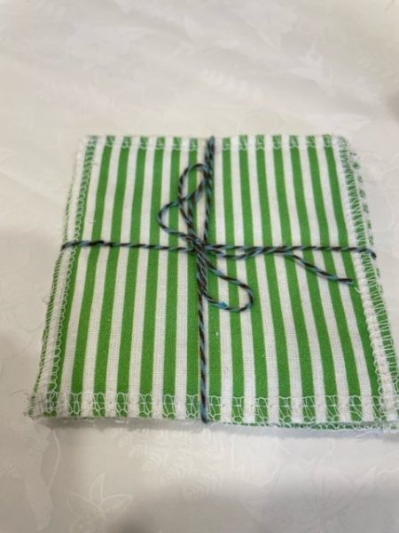 Green/White stripe design - washable, re-usable bamboo face wipes x 4