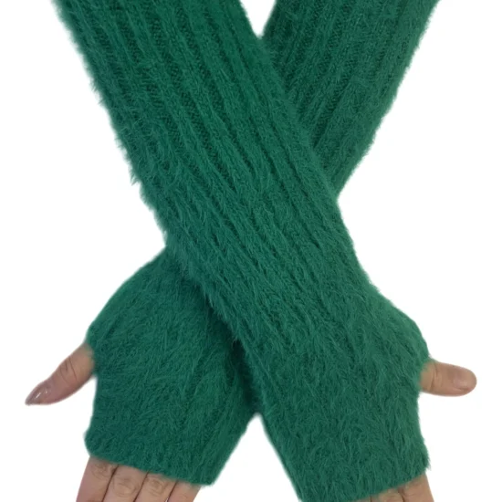 Plain Fluffy Wool Blend Knitted Arm Warmer Ladies Gloves - Green