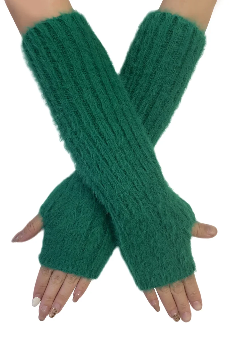 Plain Fluffy Wool Blend Knitted Arm Warmer Ladies Gloves - Green