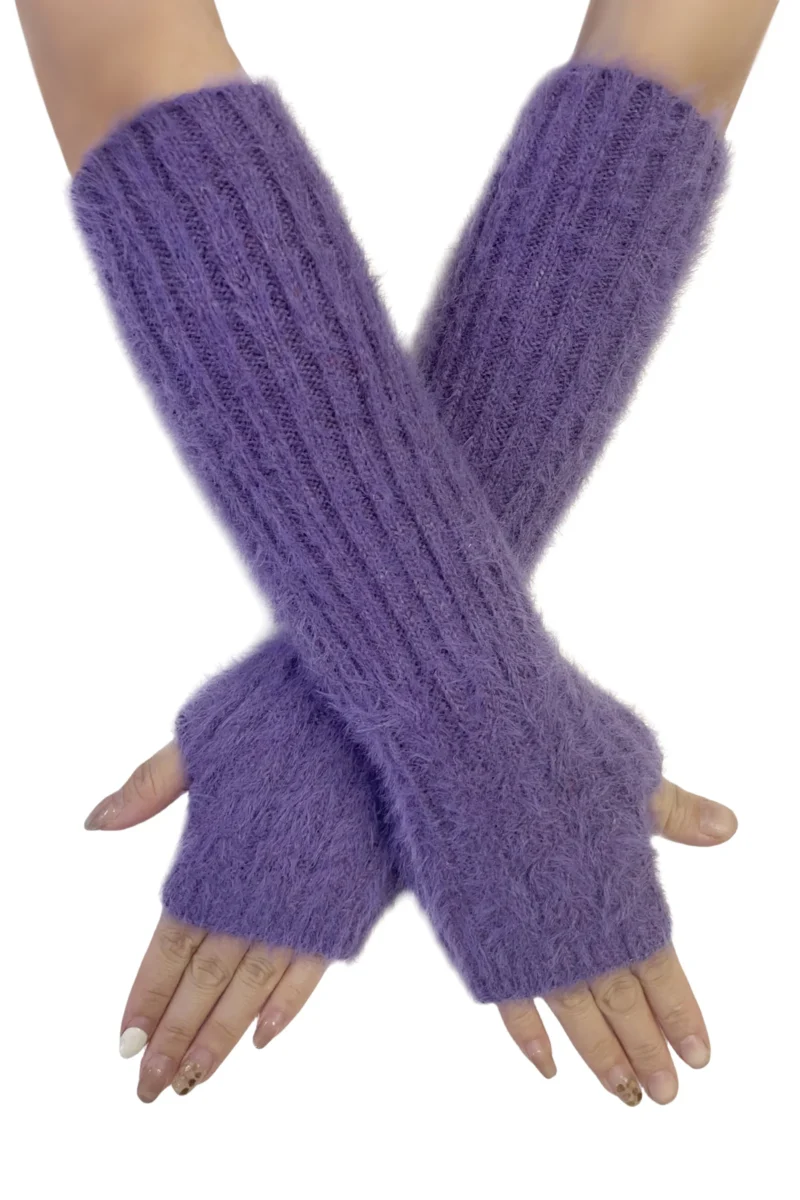 Plain Fluffy Wool Blend Knitted Arm Warmer Ladies Gloves - Lilac