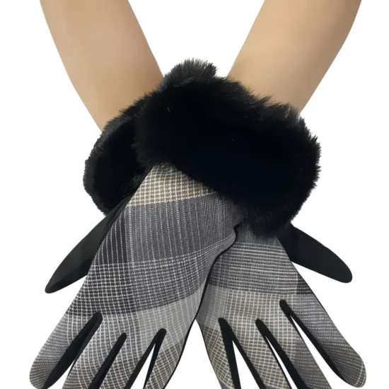 Black Faux Fur Trim Tartan Print Ladies Gloves