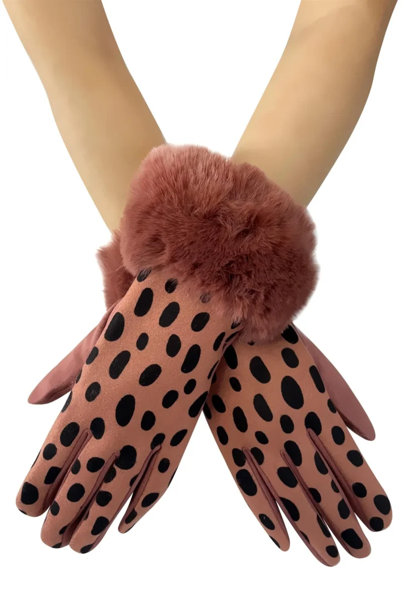 Pink Blush Faux Fur Trim Dalmatian Spot Print Suede Touchscreen Ladies Gloves