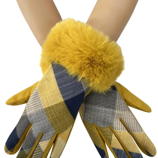 Mustard Faux Fur Trim Tartan Print Ladies Gloves