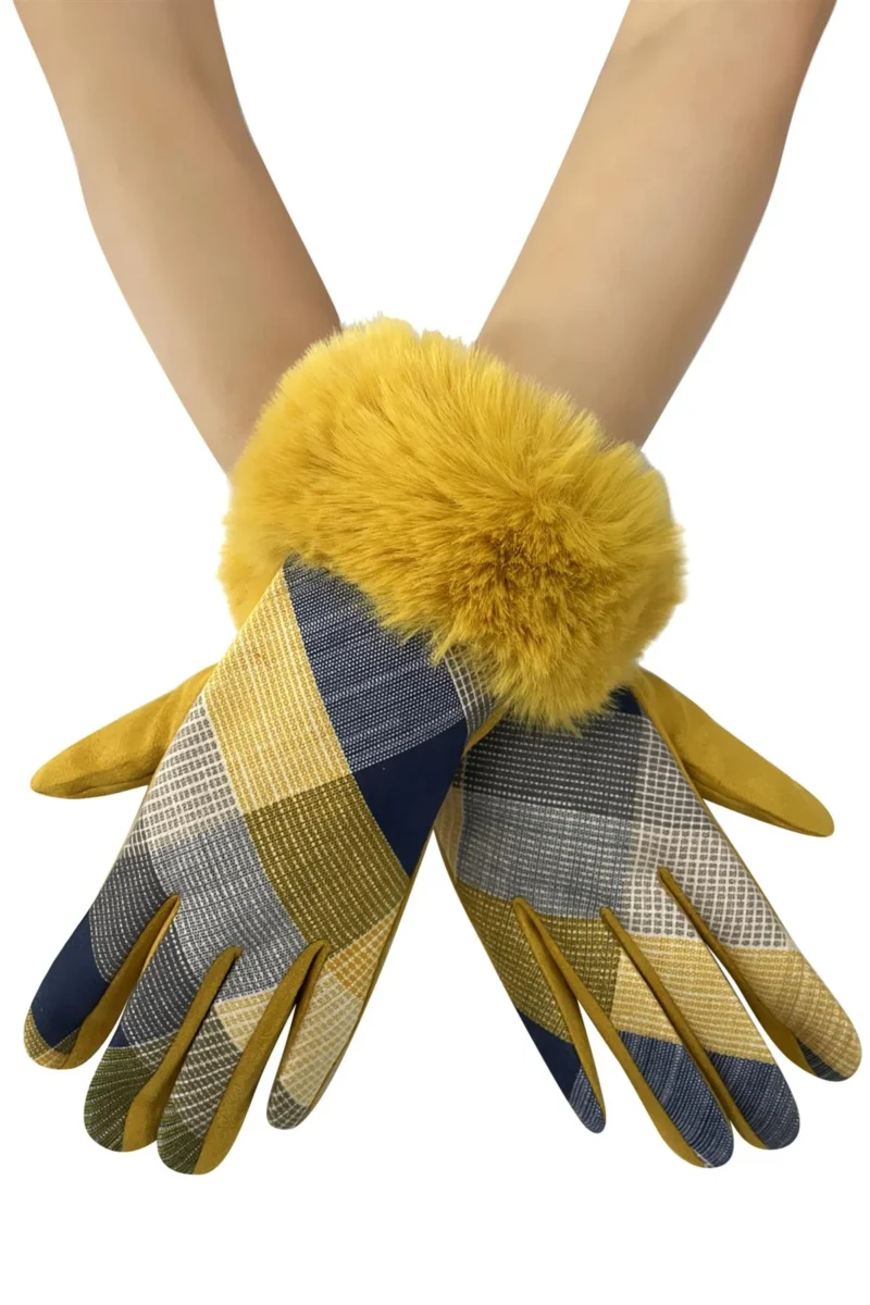 Mustard Faux Fur Trim Tartan Print Ladies Gloves