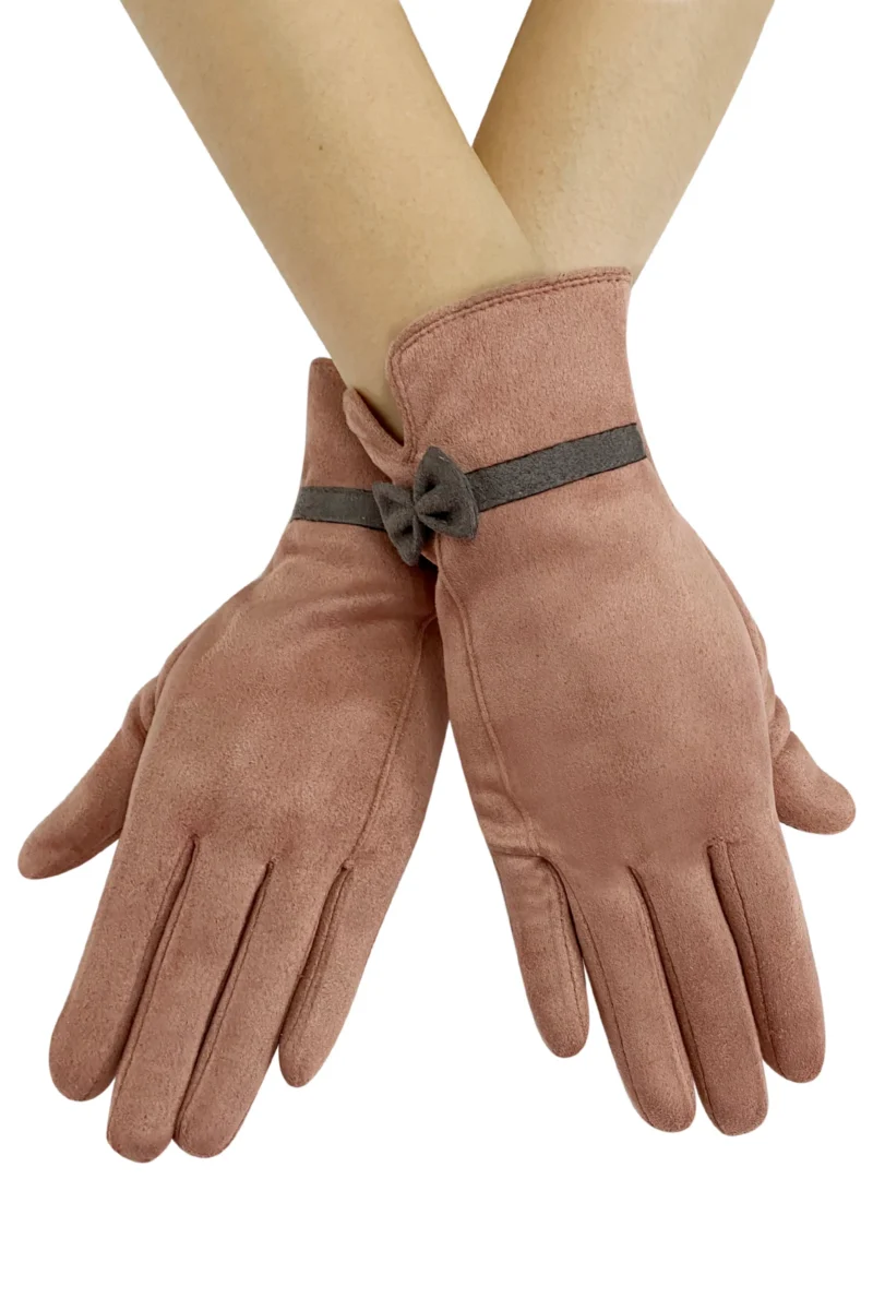 Suede Effect Touchscreen Gloves With Contrast Bow - Blush Pink