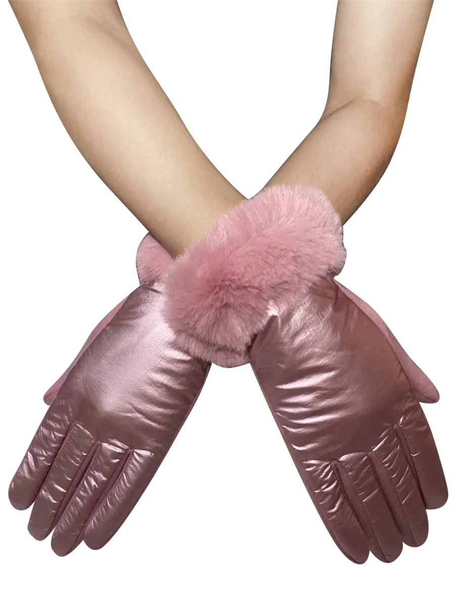 Pink Metallic Faux Fur Trim Touchscreen Ladies Gloves
